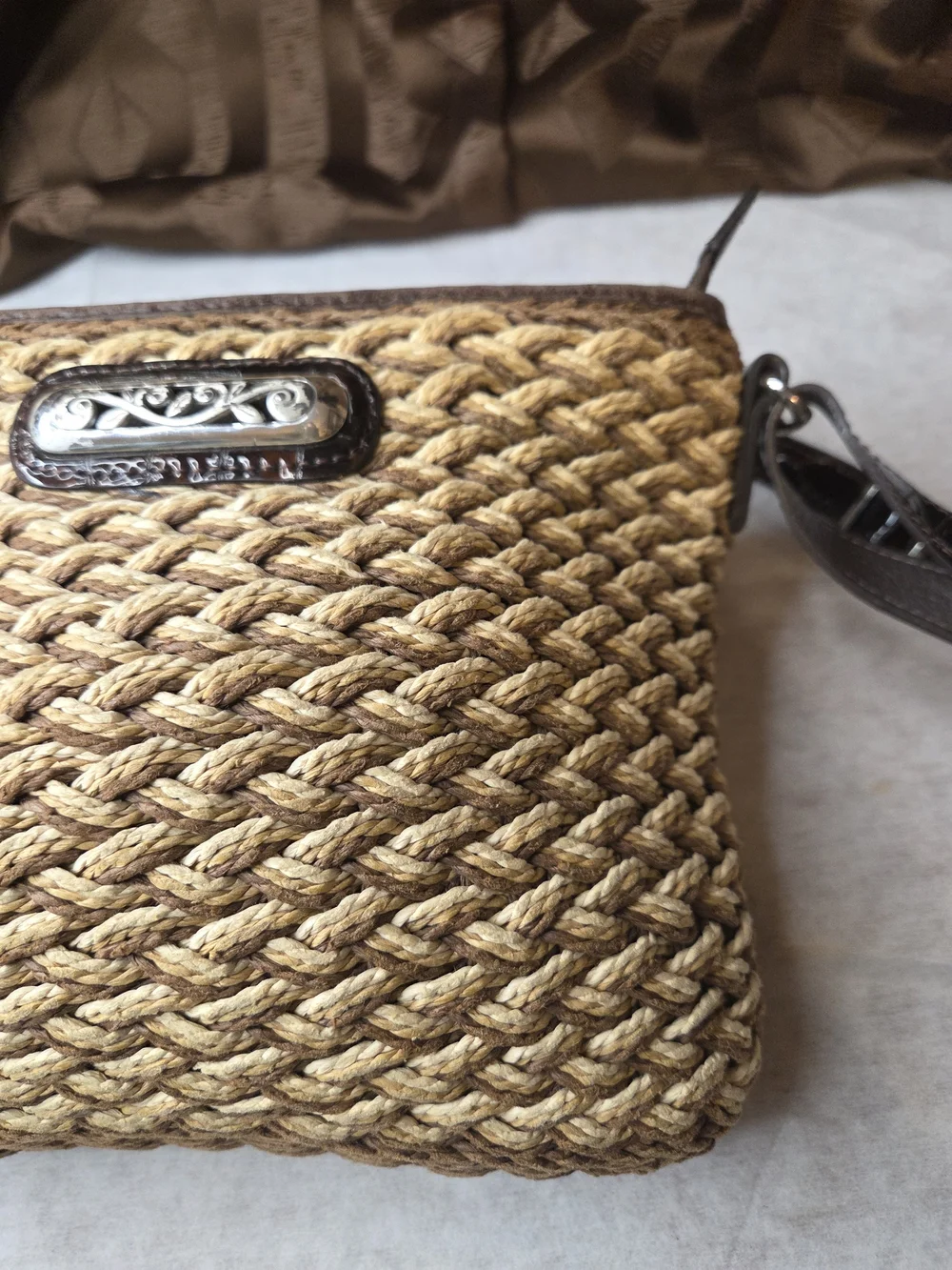Brighton Woven Straw Crossbody with Brown Trim and Chocolate Strap-See Pictures